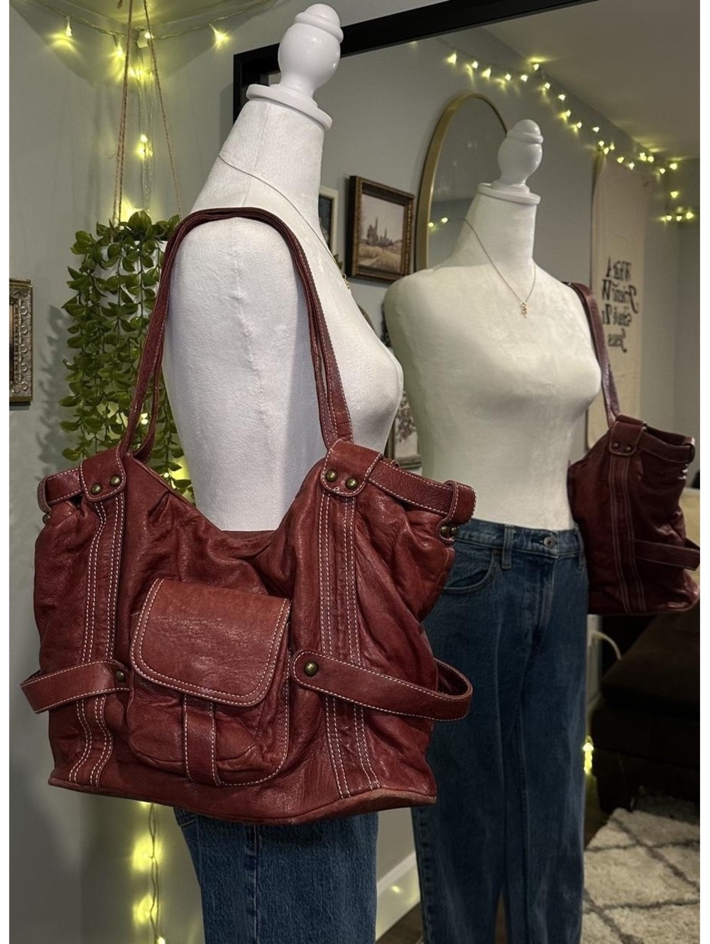 Y2K Burgundy Faux Leather Pocket Shoulder Bag 🍒